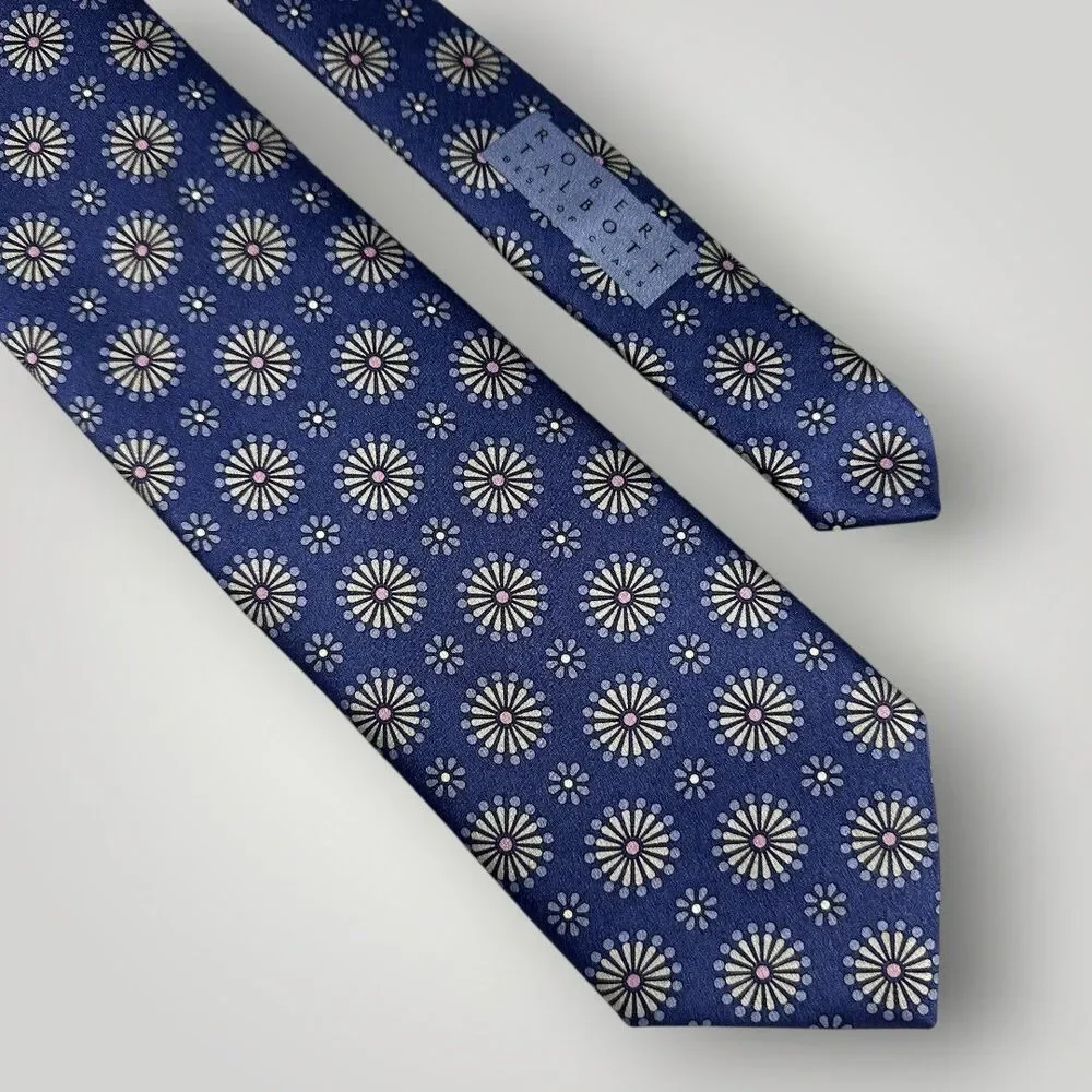 ROBERT TALBOTT Silk Tie Floral/Polka dot  100% Silk Necktie Gray/Blue USA